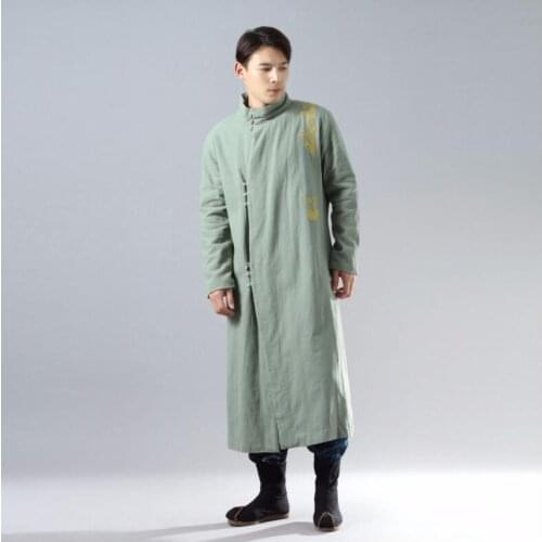 Unisex Winter Clothing long gold thread embroidered cheongsam Robe silver buckled Ramie robe thickened cotton padded Long Coat
