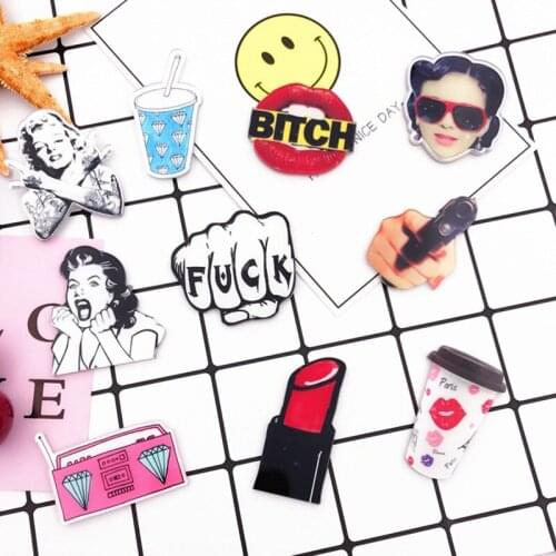 12 Pieces/Lot Acrylic Badges Women Men Harajuku Badge Cartoon Lipstick Fist Brooches Clothes Backpack Pins Jewelry Accessories