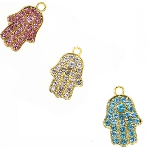 20 pcs craft charm for kids pin gold full rhinestone crystal pink blue hand evil angel eyes star cross Islam baby charms pendant