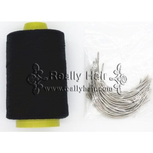 Free shipping 50pcs Large type C hair weaving needles curved needles with 1 roll Black thread Cotton weaving thread