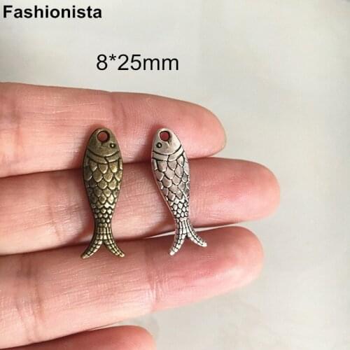 Vintage Metal Fish Charms (2 Sided and 3D) 8*25mm Antique Bronze Great Details Jewelry Accessories - Free Shipping