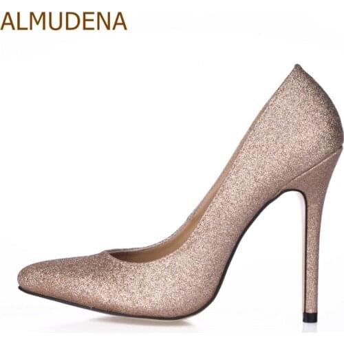 ALMUDENA High End Champagne Gold Bling Bling High Heel Pumps Slip On Stiletto Heels Dress Shoes Glittering Sequined Party Shoes