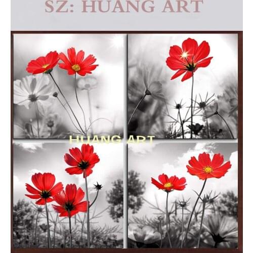 Flowers modern hand-painted 4 combination or blue realism oil painting large mural decoration hotel lobby cafe club