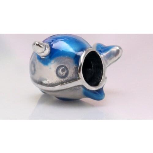 925 Sterling Silver Blue cute whale narwhal beaded Fit Original Bracelet Pendant DIY Jewelry Charms Gift