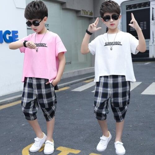 Boys Clothes Summer Outfits White Pink T-Shirt & Plaid Pants 2pcs Sets Child 8 10 12 14 Year Teenager Kids Casual Tracksuit