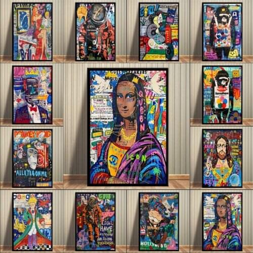 Mona Lisa Street Graffiti Art Canvas Abstract Painting, Interesting Mural Art Posters for Living Room Home Decoration Pictures