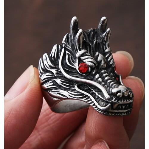 Cool Man Domineering Stainless Steel Dragon Ring For Men Punk Hip Hop Fashion Animal Eyes Red Stone Ring Biker Men Ring Jewelry