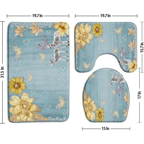 Elk Head Flowers Bath Mat Light Blue Background Bathroom 3-Piece Set Non-Slip Carpet U-Shaped Pad Toilet Water Absorption Rugs