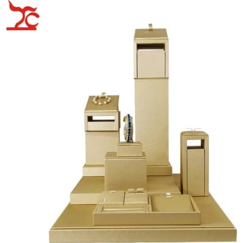 Creative Wooden Bangle Earring Ring Jewelry Display Organizer Tower Holder Fashion Gold PU Jewelry Counter Showcase Floor Tray