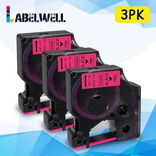 Labelwell 3PK 1933238-1 Compatible for Dymo D1 12mm label tape 1933238-1 Black on Fluorescent Pink for Dymo LabelManager 280 160