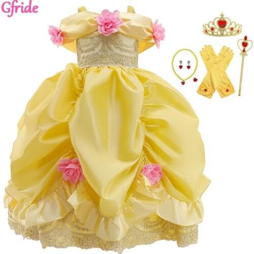 2021 Summer Yellow Girls Cosplay Belle Costume Dress For Off The Should Kids Big Bow Gown Elegant Piano Performance Clothing