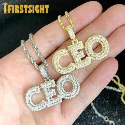 2021 New Letter CEO Pendant Necklace Rope Chain Iced Out Cubic Zirconia Sliver Color CZ Stone CEO Choker Hip Hop For Men Women