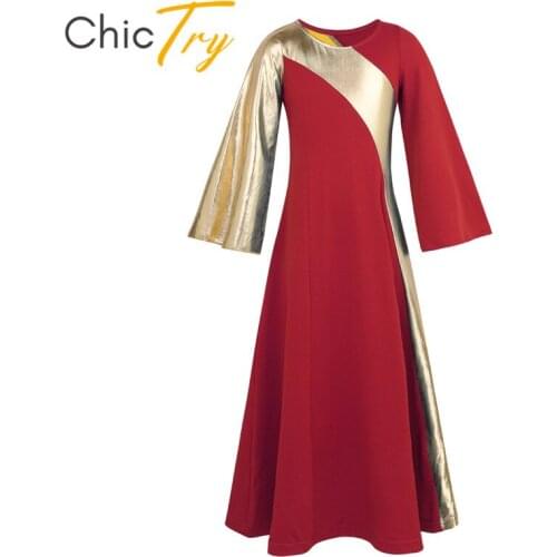 ChicTry Kids Girls Metallic Dance Robe Children Bell Sleeve Long Dance Dress Festival Rave Ballroom Stage Lyrical Dance Costumes
