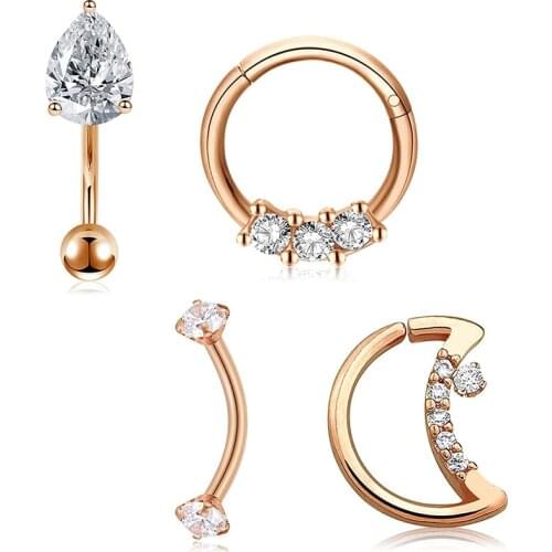 Rook Earrings Moon Shaped Closure Ring Segment Clicker with Zircon Curved Bar Barbell Daith Conch Cartilage Eyebrow Piercing