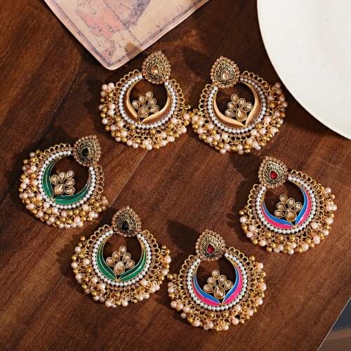 Ethnic Womens Gold Flower Jhumka Earrings Femmes Palace Dripping Oil Earrings Orecchini Donna Vintage Pearl Palace Earring