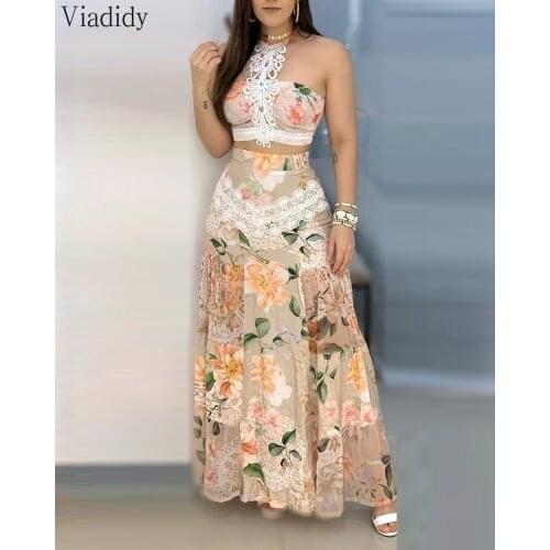 Women Eyelet Lace-up Floral Lace Hem Top & Skirt Sets Dress 2 Piece Sets