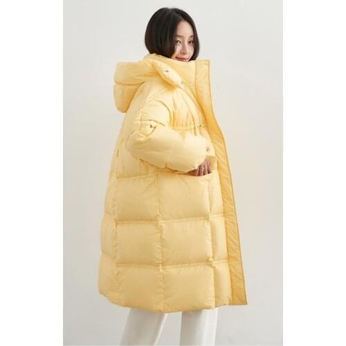 Solid White Duck Down Women Jacket Winter 2021 Korean Fashion Hooded Loose Full Sleeve Midi Length Coat Casual Women down jacket