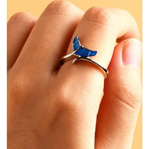 High Street Blue Gradient Enamel Mermaid Tail Rings for Women Girls Silver Color Alloy Trumpet Adjustable Open Charm Ring Gift