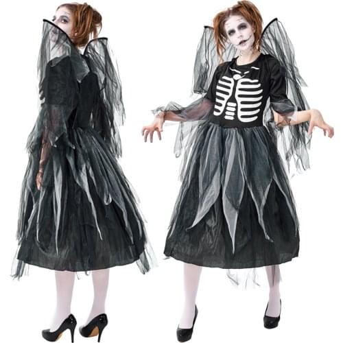 Hirgin Women Cosplay Dress Skeleton Print O-Neck Short Sleeve Gauze Skirt with Wings for Halloween Party Role-Play Clothing