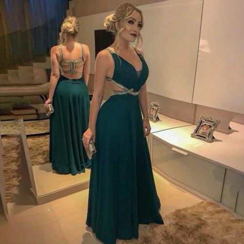 2021 Sexy V-Nevk Evening Dress Sleeveless Backless Floor Length Sweep Train Draped Sequined Prom Party Gown robes de soirée