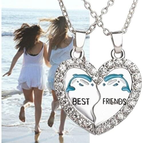 2Pcs/Set Best Friends Forever Necklace Blue Dolphin Rhinestone Heart Shape Pendants Women Necklaces Friendship Jewelry