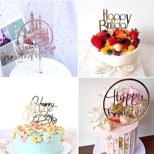2021 Beautiful Acrylic Happy Birthday Cake Toppers Gold Black Birthday Cupcake Topper for Kids Birthday Party Cake Decorations