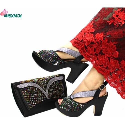 2021 Special Design Decorate with Rhinestone Italian Women Shoes and Bag Set in Black Color for Wedding Party