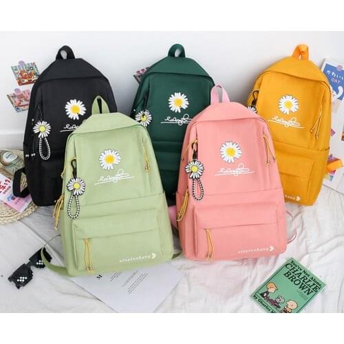 4pcs/Set Preppy Style Daisy Print Backpacks Canvas School Rucksack Teenager Girls Travel Mochila Shoulder Bags Students Pen Clut