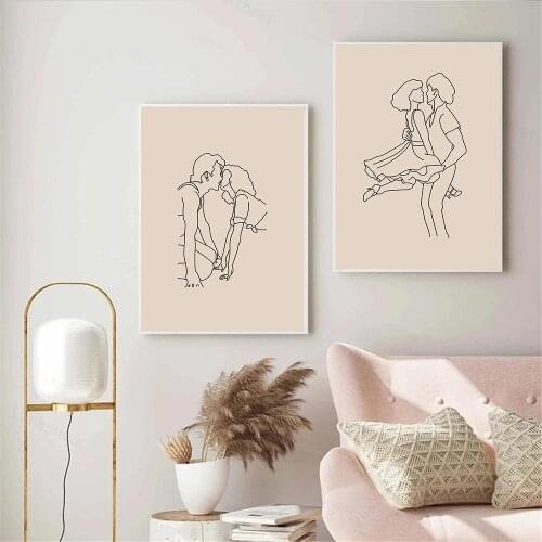 Abstract Couple Kiss Line Drawing Wall Art Poster Dance Female Male Art Print Beige Canvas Painting Nordic Pictures Home Decor
