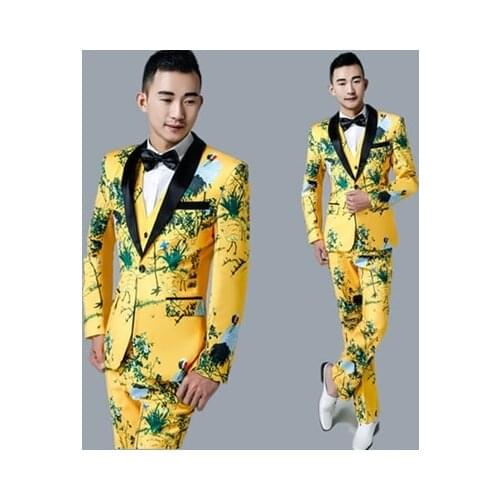 Chinese style grooms suits mens dress singer performance mens wedding suits mens three-piece suit yellow jacket + pant + vest