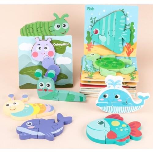 Wooden Puzzle Large Particles 3d Early Children Cartoon Animal Educational Toys