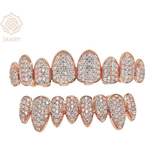 JANRY Hip Hop New Fit Silver Plated CZ Micro Pave Top Bottom GRILL SET Rhodium Teeth Grills Vampire Tooth Grillz