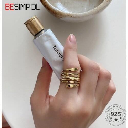 Besimpol Real 925 Sterling Silver Ring Fashionable Line Plaited Original Creative Design Adjustable Rings for Women Fine Jewelry