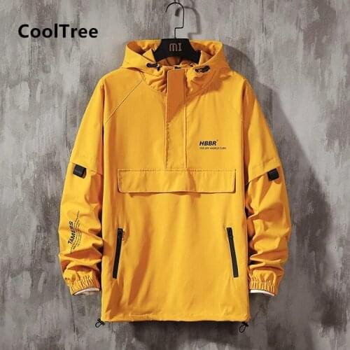 CoolTree Men Casual Jacket Spring Autumn Windproof Half-open zipper Thin Hooded Pullover Male Hip Hop Outerwear Loose Streetwear