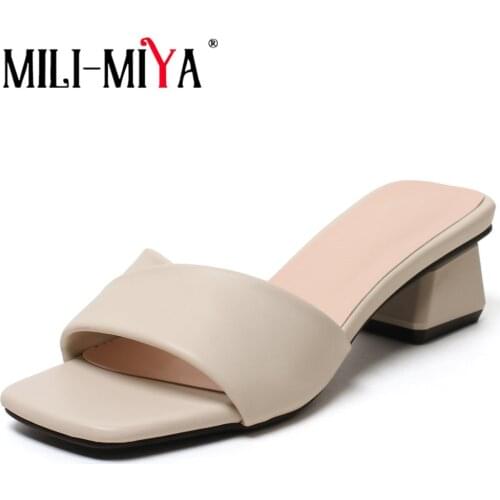 MILI-MIYA PU Leather Sandals Women Runway Party Mules Sexy Slippers Folded Design Peep Toe Thick Heels Wild Footwear Big Size 43