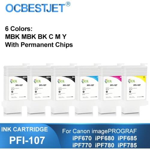 PFI-107 PFI107 Refillable Ink Cartridge With Permanent Chips For Canon iPF670 iPF680 iPF685 iPF770 iPF780 iPF785 130ML 6Colors