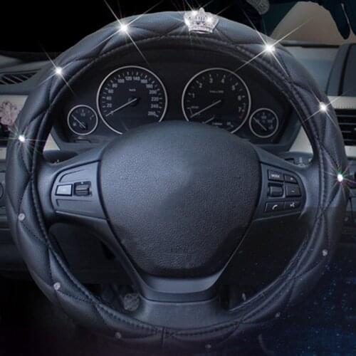 Fashion Women PU Leather Car Steering Wheel Covers Diamond Black Auto Steering-Covers Cases for Lady Girls Car Accessories