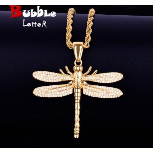 Animal Dragonfly Necklace & Pendant Iced Out Tennis Chain Gold Color AAA Cubic Zircon Mens Women Hip hop Rock Jewelry