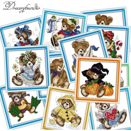 12 pattern bears cross stitch kit Christmas cartoon animal bear 14ct 11ct count print canvas embroidery DIY handmade needlework