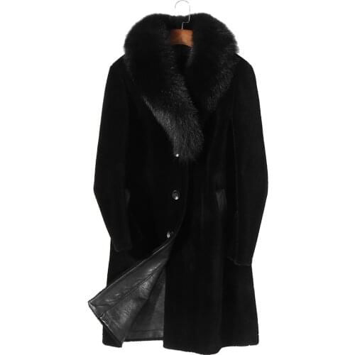 Real Sheep Shearling Fur Coat Winter Jacket Men Fox Fur Collar 100%Wool Coat Leather Jacket Veste Homme P-M8516Z MY1584