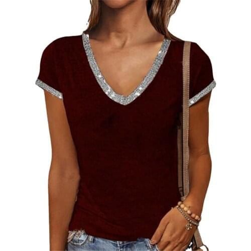 New Good Quality Fashion Hot Womens Slim-Fit Short-Sleeved Temperament Commuter Solid Color Pullover Sequin Stitching T-Shirt