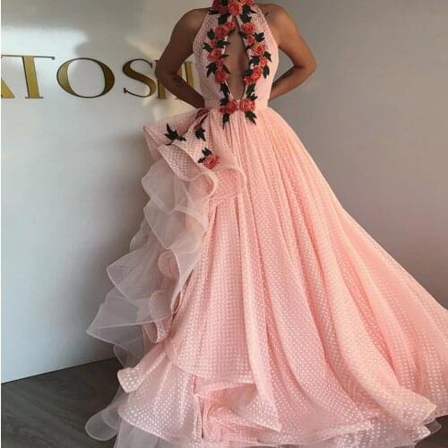 Sexy Polka Dots Evening Dress Sleeveless High Neck Arabic Kaftan Dubai Prom Dresses 2021 Applique Flower Tulle Formal Gowns