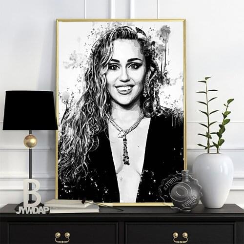 Long Hair Goddess Black White Poster, American Singer Miley Cyrus Fans Collect Art Prints, Minimalism Figure Sketch Wall Decor