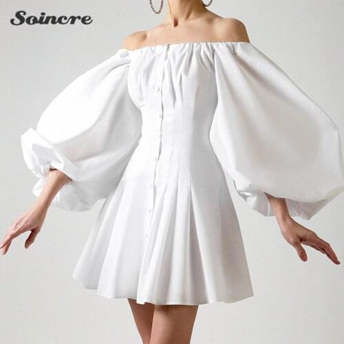 Dress for Women Office 2021 Fashion Puff Sleeve One Shoulder French Elegant Slim Solid Color Mini Dresses Sexy Backless Vestidos