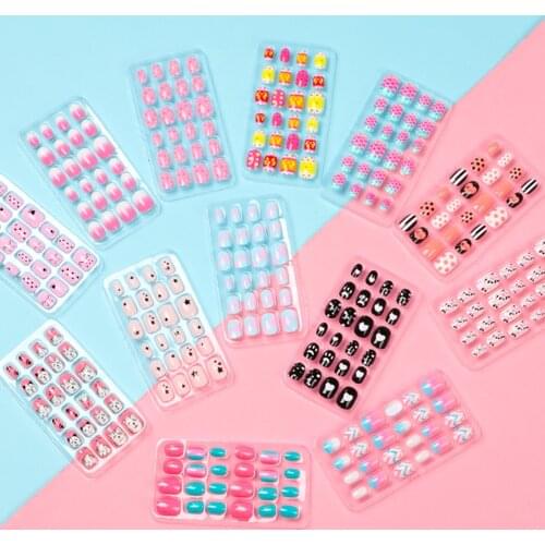 24Pcs Detachable Kids Full Cover False Nails Press On Self Adhesive Nail Manicure Tips Candy Color Fake Nails Nail Art For Child