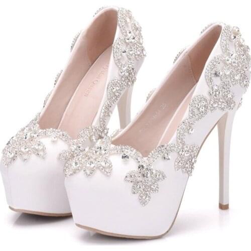 Women pumps wedding Party banquet Lace PU Rhinestones Slip On 14CM Thin High Heels Pointed Toe high heels women shoes size 35-42
