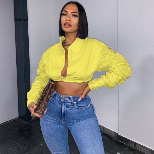 V Neck Ruched White Puff Sleeve Blouse Shirts Women Long Sleeve Fashion Fall Clothing Crop Blouses Solid Slim Hot