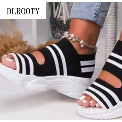 Woman Sandals Shoes Summer Style Pumps Wedges Platform Peep Toe Fashion Striped Knit Upper Breathable Gladiator Plus Size 36-43