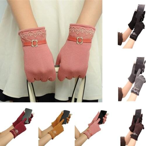 Lady Winter Plush Gloves Touch Screen Lace Flowers Outdoor Sport Driving Mittens Cotton Mitt