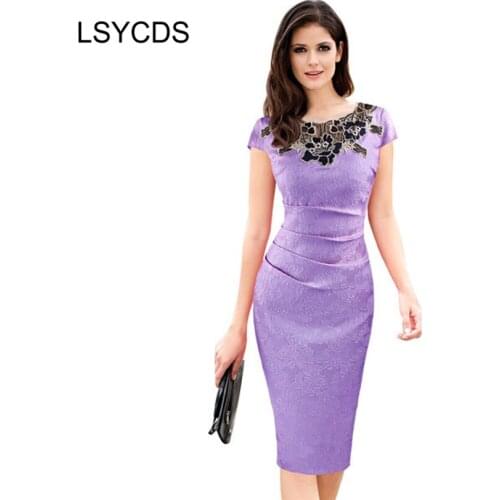 2020 Elegant Purple Women Dress O Neck Short Sleeve Hollow Out Lace Patchwork Vintage Casual Work Plus Size Bodycon Pencil Dress